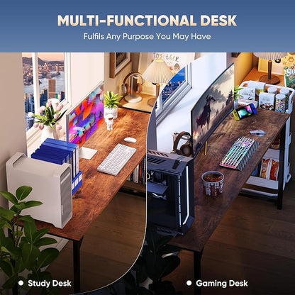 DUMOS 63 Inch Computer Office Desk Writing Gaming Study Work Large Desks for Bedroom Home Office with Metal Frame Simple Modern PC Table Workstation, Wood Brown