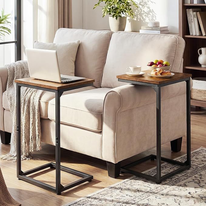 AMHANCIBLE C Shaped End Tables Set of 2, Couch Side Tables that Slide Under Sofa, Slim TV Trays for Living Room and Bedroom, Narrow Space Saving Laptop Workstation, Rustic Brown, HET02BBR