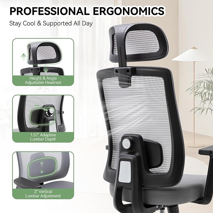 Ergonomic Office Chair, Office Desk Chair with High Back Mesh and Adjustable Lumbar Support, Rolling Work Chairs with Wheels and Adjustable Headrests, Wide Cushion, Set of 4, Grey