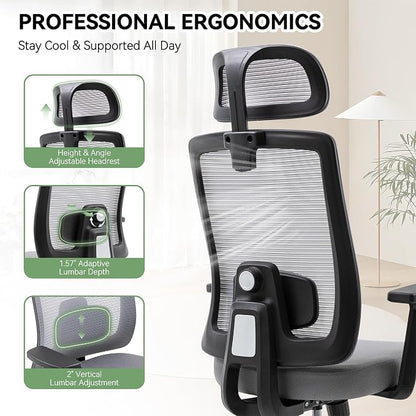 Ergonomic Office Chair, Office Desk Chair with High Back Mesh and Adjustable Lumbar Support, Rolling Work Chairs with Wheels and Adjustable Headrests, Wide Cushion, Set of 2, Grey
