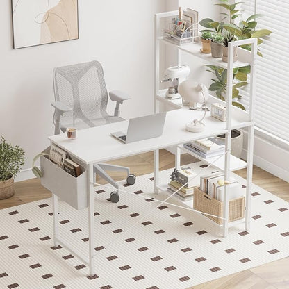 Treesland 47 Inch Computer Desk with Bookshelf, Corner Desk with Storage, L Shaped Desk, Home Office Desks, Writing Study Desk for Bedroom, White