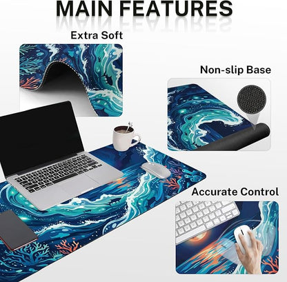Britimes Moonlight Waves Keyboard Mouse Pad Set Blue Ocean Shark 4in1 Large Mousepad+Keyboard Wrist Rest+Mouse Wrist Rest+Coaster Ergonomic Design for Home Office Computer 35.4x15.7 inches