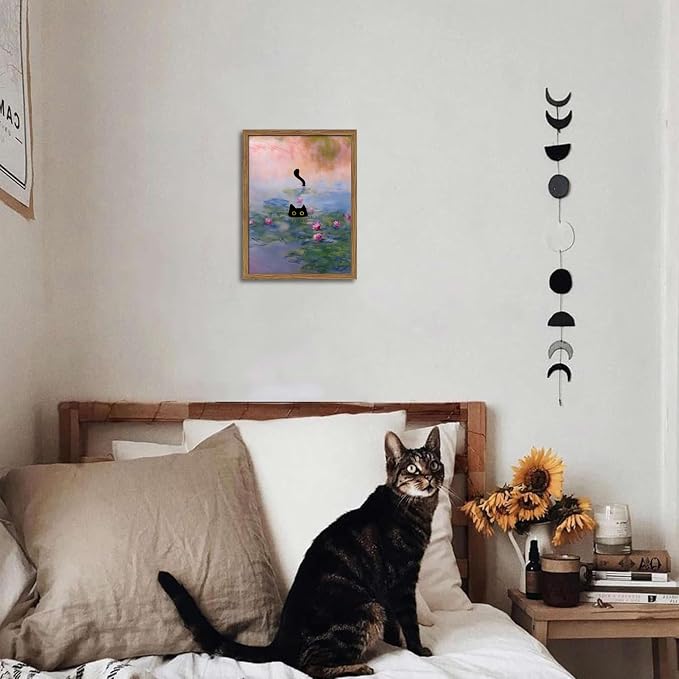 Vintage Framed Cat Canvas Wall Art Monet Print, Funny Black Cat in Water Lilies Poster, Monet Office Wall Decor, Floral Oil Painting Picture Artwork for Living Room Bathroom Aesthetic – 8x10 inch