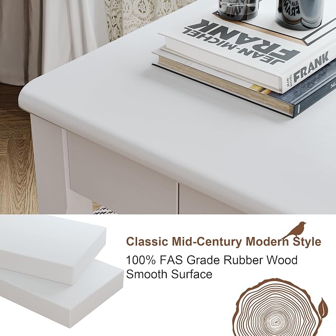 Solid Wood Desk with Drawers - 32 x 16 Inch Simple Narrow Desks, Rubber Wood Study Table, Small Writing Desk for Bedroom|Small Spaces - Modern White Desks