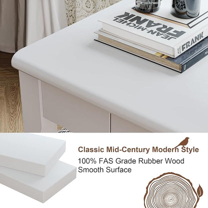 Solid Wood Desk with Drawers - 24 x 16 Inch Simple Narrow Desks, Rubber Wood Study Table, Small Writing Desk for Small Spaces|Bedroom - Modern White Desks