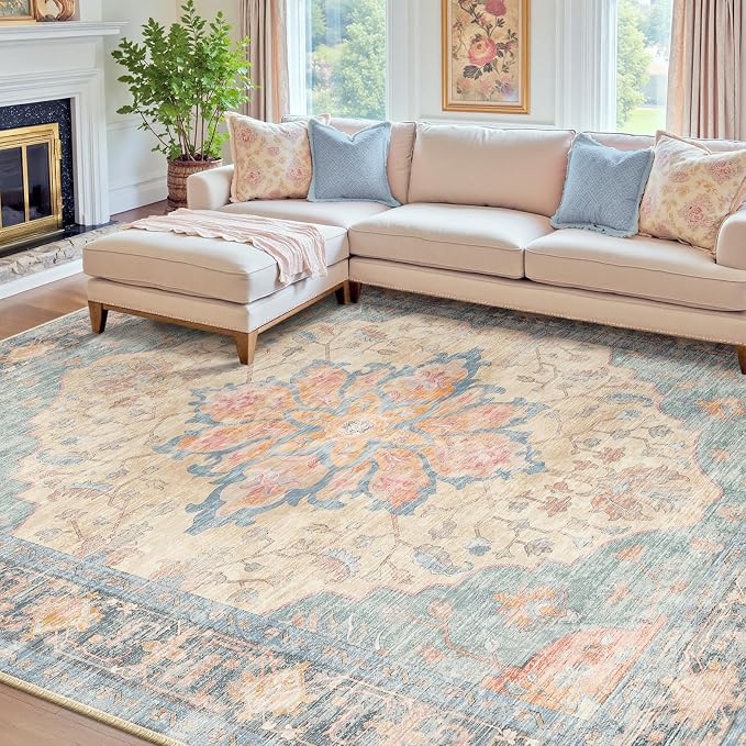 RELEANY Area Rugs 7'x9' Washable Non-Slip, Floral Vintage Distress Medallion Carpet for Living Room Bedroom Dining Room, Blue Orange Red