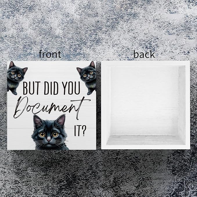mmiishe But Did You Document It Funny Cat Office Decor for Black Cat Lover | Black Cat Gifts for HR Colleague Friend Women Men Cute Desk Decor Wooden Box Sign for Home Office Desk Boss Gift 5 x 5 Inches