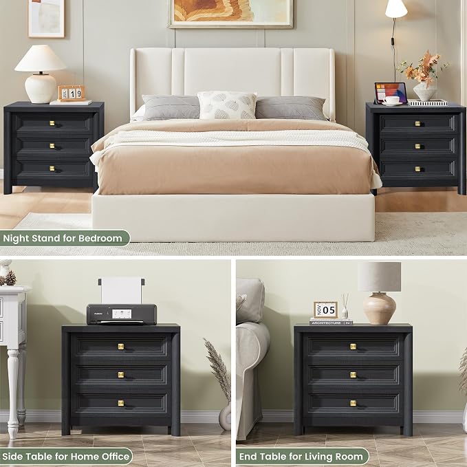 Standifurno Farmhouse Black Nightstand with 3 Drawers, Rustic Bedside Table with Storage, Large Bed Side Table for Bedroom Living Room Home Office Furniture 24.8” Tall Nightstand with Gold Knobs