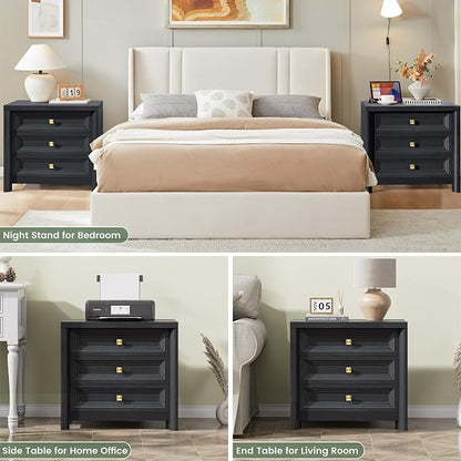 Black Night Stand Set of 2, Farmhouse Nightstand with 3 Drawers, 24.8” Tall Nightstand with Gold Knobs, Wood Bedside Table for Bedroom, Modern End Table for Living Room Office