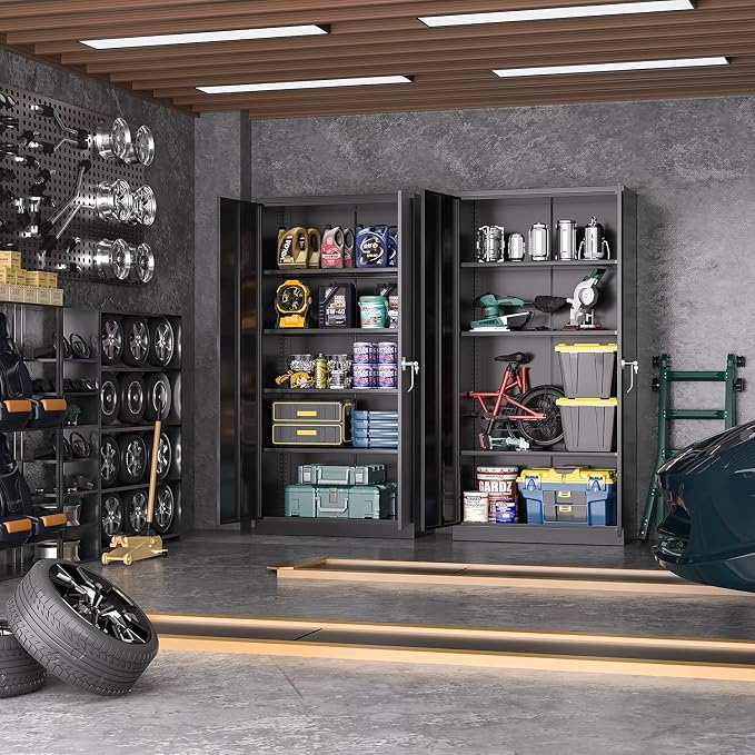 Greenvelly Storage Cabinet, 72” Black Garage Steel Locking Cabinet with Doors and 4 Adjustable Shelves, Tall Lockable File &Tool Cabinet for Home Office, Metal Classroom Cabinet Basement