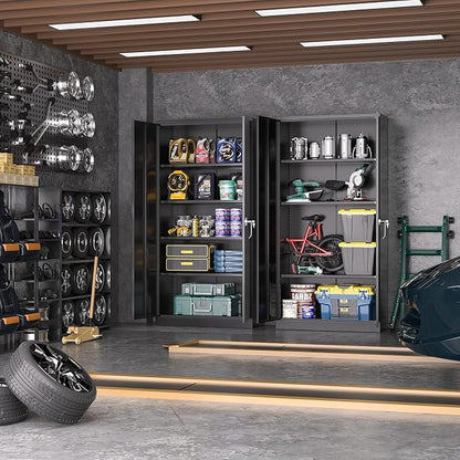 Greenvelly Storage Cabinet, 72” Black Garage Steel Locking Cabinet with Doors and 4 Adjustable Shelves, Tall Lockable File &Tool Cabinet for Home Office, Metal Classroom Cabinet Basement