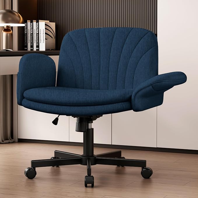Vonesse Criss Cross Office Chair with Wheels & Armrests, Height Adjustable Vanity Chair, Makeup Chairs with Side Pockets Design, Comfortable Computer Desk Chairs for Home (Linen Fabric,Blue)