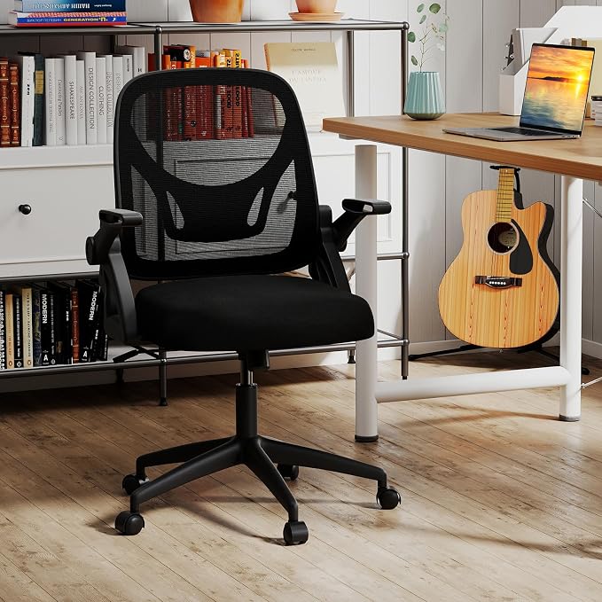 COSTWAY Office Chair, Comfy Swivel Rolling Desk Chair with Adjustable Height & Flip-Up Armrests, Ergonomic Mesh Computer Chairs with Lumbar Support for Working & Gaming (Black)