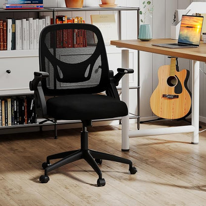 COSTWAY Office Chair, Comfy Swivel Rolling Desk Chair with Adjustable Height & Flip-Up Armrests, Ergonomic Mesh Computer Chairs with Lumbar Support for Working & Gaming (Black)