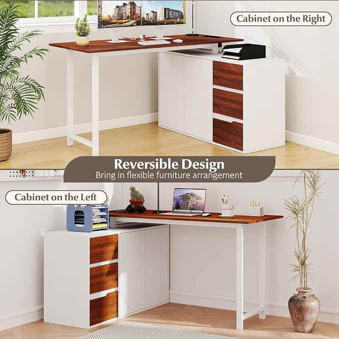 GOFLAME 54.5” L Shaped Computer Desk with Power Outlet, Reversible Corner Desk with File Cabinet and 3 Drawers, PC Desk Study Writing Table Workstation for Home Office, Small Space, Brown & White
