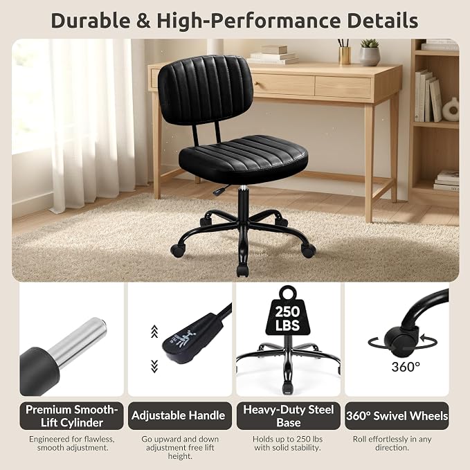 Swivel Rolling Office Chair, Armless Pu Leather Vanity Chair with Back Lumbar Support Height Adjustable Computer Chair, Small Desk Chair for Home Office, Black