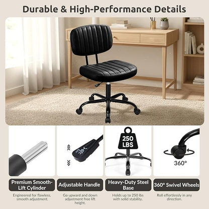 Swivel Rolling Office Chair, Armless Pu Leather Vanity Chair with Back Lumbar Support Height Adjustable Computer Chair, Small Desk Chair for Home Office, Black