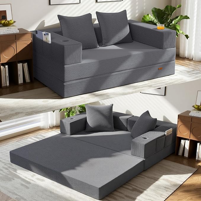 COMAX Futon Sofa Bed, 4‑in‑1 Convertible Sofa Bed, Folding Boneless Couches | Boneless Couch for living room, Fold Out Small Foldable Loveseat Floor Sleeper Mattress Lounge Space‑Saving, Grey
