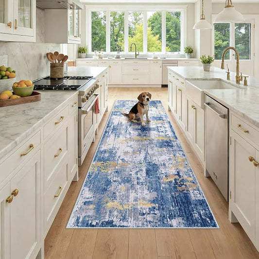 RELEANY Washable Area Rugs 3x8 Non-Slip Modern Abstract Soft for Living Room Entryway Bedroom Kitchen, Print Pattern, Grey Blue Gold/Golden