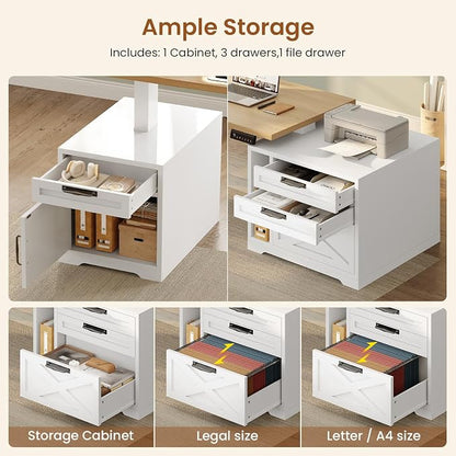 SEDETA Farmhouse L Shaped Standing Desk, 70.1" x 73.2" Height Adjustable Home Office Executive Desk with Drawers, Power Outlet, Monitor Stand, Sit Stand Table with Led Lights for Home Office, Oak