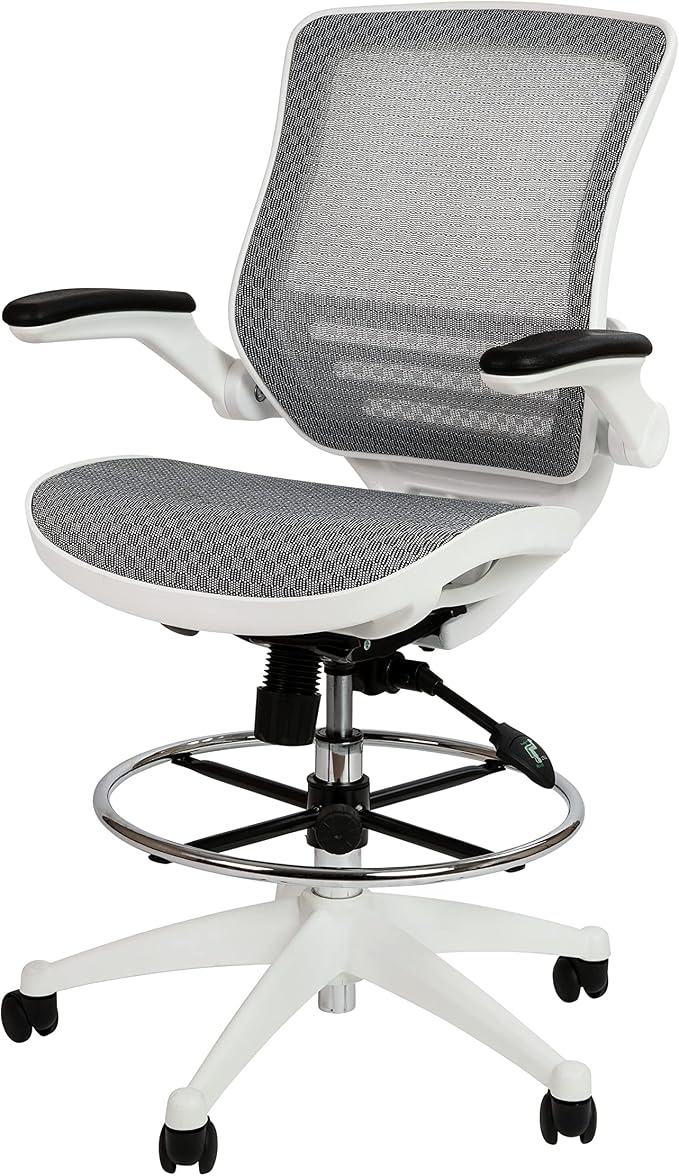 Flash Furniture Waylon Mid-Back Swivel Office Chair with Adjustable Foot Ring and Seat Height, Ergonomic Mesh Chair with Armrests, Gray/White