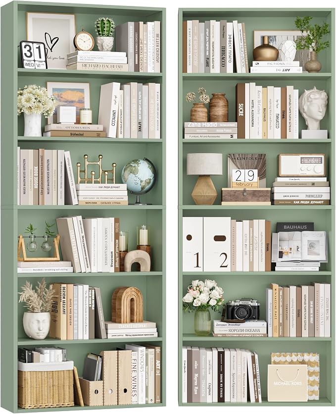 FOTOSOK 6-Tier Open Bookcase and Bookshelf, Freestanding Display Storage Shelves Tall Bookcase for Bedroom, Living Room and Office,Green Set of 2
