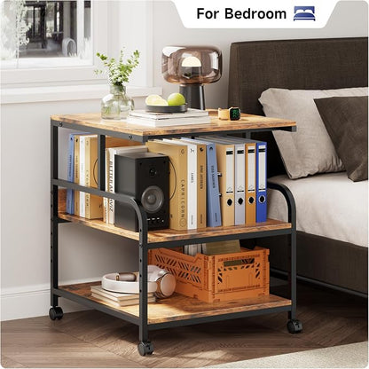 Warmiehomy 24x24 inches Printer Stand with Adjustable Storage Shelf - Large Printer Table with Wheels - 3 Tier Rolling Cart - Use for 3D Laser Printer Mini Fridge Home Office (Brown)