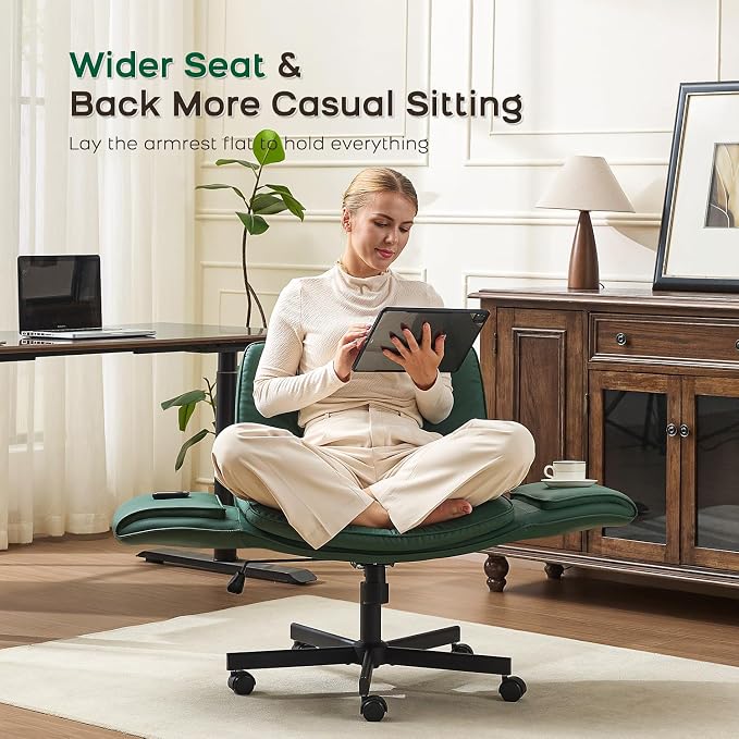 amseatec Criss Cross Office Chair, PU Leather Vanity Chair with 5-Level Adjustable Armrests & Swivel, Ergonomic Criss Cross Chair for Home Office Bedroom Makeup（Green）
