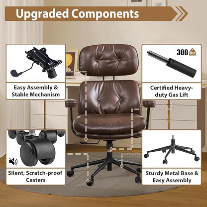 Home Office Chair,Ergonomic Computer Chair with Lumbar Support Adjustable Height,Mid-Century Modern Office Chair with Rolling Swivel Chair for Home Office Game Study(PU Leather Chair,Coffee)