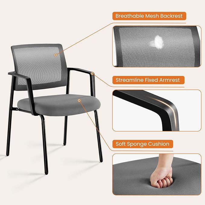 Mesh Back Stacking Arm Chairs, Office Reception Guest Chair with Upholstered Fabric Seat and Ergonomic Lumber Support, Sturdy Metal Office Chairs, Grey-4pack