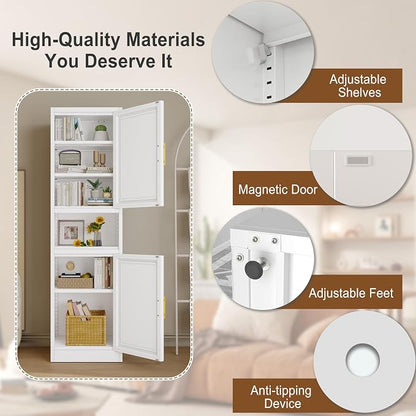 pozdeg 67" Tall Narrow Storage Cabinet Metal Bathroom Cabinet with 2 Doors & 4 Adjustable Shelves, Standing Pantry Cabinets Cupboard for Kitchen, Dining Room, Living Room and Bathroom (White)