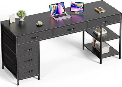 Huuger Computer Desk with 6 Drawers, Office Desk with Shelves, Reversible Gaming Desk, Corner Desk with Storage, Work for Home Office, Study, Living Room, 63inch, Black