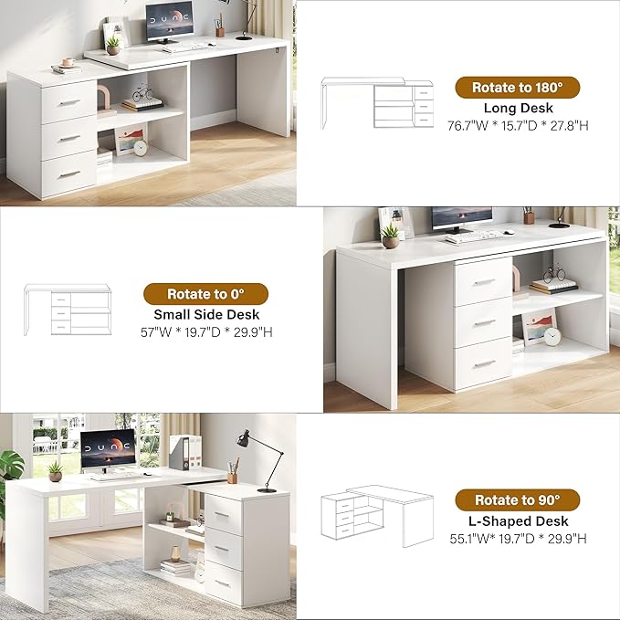 HSH L Shaped Office Desk with Drawers Shelves 55-76 Inch, Corner Computer Desk with Storage 360 Rotating Long for Work, Executive, Study, Writing, Teacher, Bedroom Modern Gaming Table White