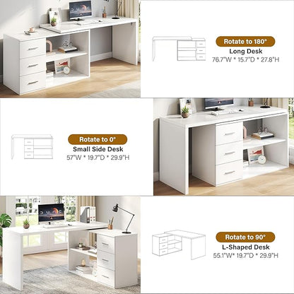 HSH L Shaped Office Desk with Drawers Shelves 55-76 Inch, Corner Computer Desk with Storage 360 Rotating Long for Work, Executive, Study, Writing, Teacher, Bedroom Modern Gaming Table White