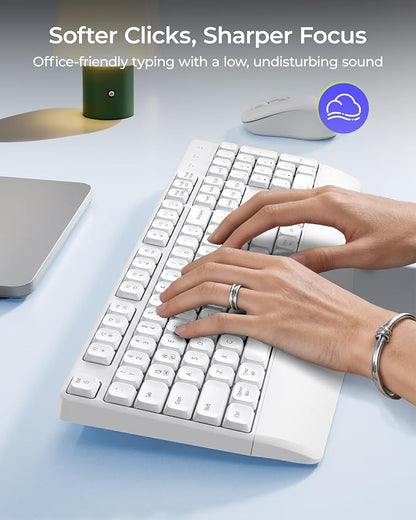 seenda Wireless Bluetooth Keyboard Mouse Combo, COE200 Ergonomic Keyboard with Wrist Rest, Silent Mouse, Multi-Device Connection, Full-Size Compatible for Windows PC Laptop Mac MacBook, White
