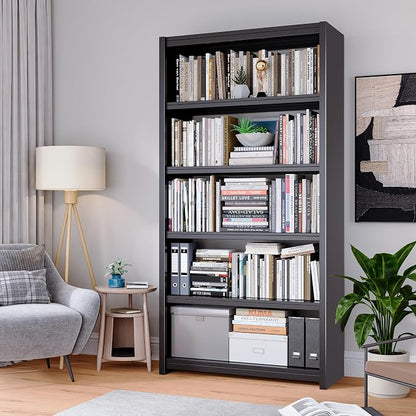 Bookshelf, 5 Shelf Bookcases, Tall Bookcase for Heavy Books, CDs, Movies, Garage Kit, Modern Display Shelf for Library Home Office Bderoom Living Room, Metal Bookshelves Industrial Black