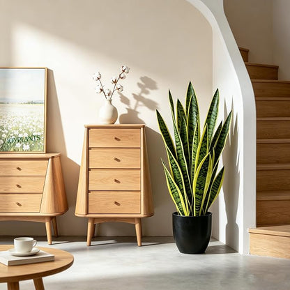 Fake Snake Plant 35'',3ft Artificial Gold Snake Plants Indoor with Black Planter, Realistic Faux Sansevieria Potted for Home Decor, Low Maintenance Greenery for Desk Office Corner Bedroom