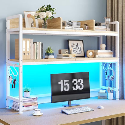 REIBII 35.5" Desk Shelf with LED Lights and Hooks,2-Tier Adjustable Multipurpose Solid Wood Desk Hutch Dorm,Desktop Organizer Rack with 3 Display Rack for Dorm,Office Home,White