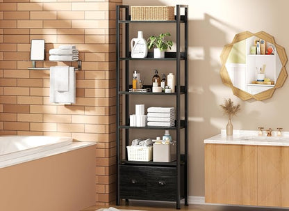 Furologee 6-Tier Bookshelf, Tall Bookcase with 2 Drawers Storage Organizer, Industrial Display Free Standing Shelf Units, Wood and Metal Storage Rack for Home Office, Bedroom, Black Oak