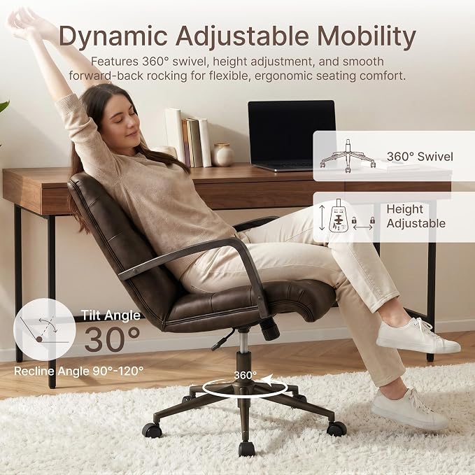KISLOT Home Office Desk Chair, Ergonomic Office Chair with Square-Patterned Leather Upholstery, Adjustable Swivel Computer Chair with Wood Arms & Wheels, Soft-Rounded Front Edge, Espresso, Set of 2