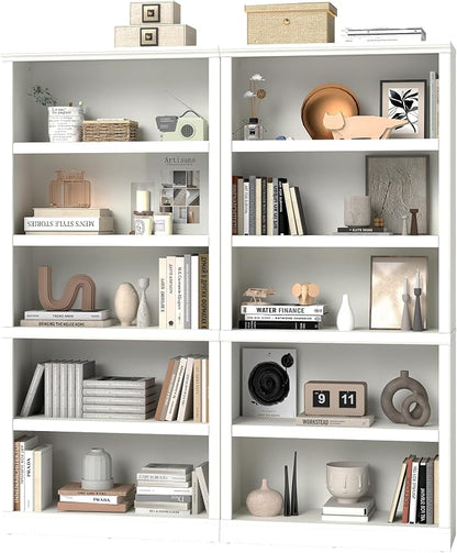 blini White Bookshelf and Bookcase Double Wide Large Bookshelves Wooden 5 Tier Tall Bookshelf with Storage Cabinets for Living Room, Home Office, Library (White, 5-Shelf)