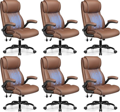 BESTFAIR Ergonomic Office Chair - Desk Computer Chair, Leather High Back Executive Chairs with Adjustable Lumbar Support & Flip Up Arms, Brown 6 Pack