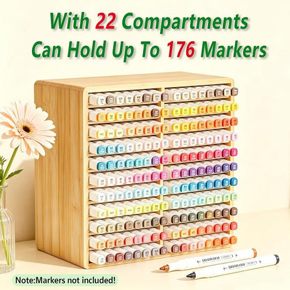 Bamboo Marker Organizer,Wooden Desktop Marker Storage,Art Supply Pencil Storage with 22 Compartments,Pen Holder for Office,Home,Classroom,Hold 176 Markers