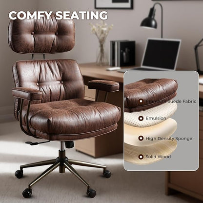 Home Office Chair,Ergonomic Computer Chair with Lumbar Support Adjustable Height,Mid-Century Modern Office Chair with Rolling Swivel Chair for Home Office Game Study(Suede Leather Chair,Dark Brown)