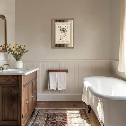 Framed Let The Good Times Roll Bathroom Print, Vintage Funny Toilet Quote Canvas Wall Art, Stripes Bathroom Picture Poster, Downstairs Toilet Painting Wall Decor 16x24 inch