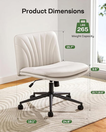 Marsail Armless-Office Desk Chair with Wheels: PU Leather Cross Legged Wide Chair,Comfortable Adjustable Swivel Task Chairs for Home,Office,Make Up,Small Space,Bed Room(Light Beige)