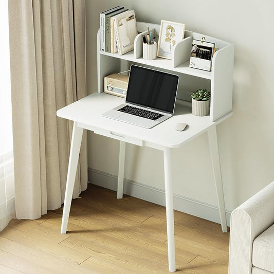 IOTXY Small Writing Desk with Hutch - 31.5" Work Computer Study Table with Drawer for Home and Office, White