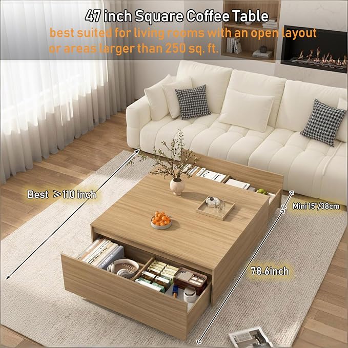 47 Inch Large Square Coffee Table with Storage,Modern Wooden Coffee Tables with 2 Drawers Storage for Living Room,Mid Century Tea Table/Aesthetic Coffee Table Center Table for Home Office(Oak)