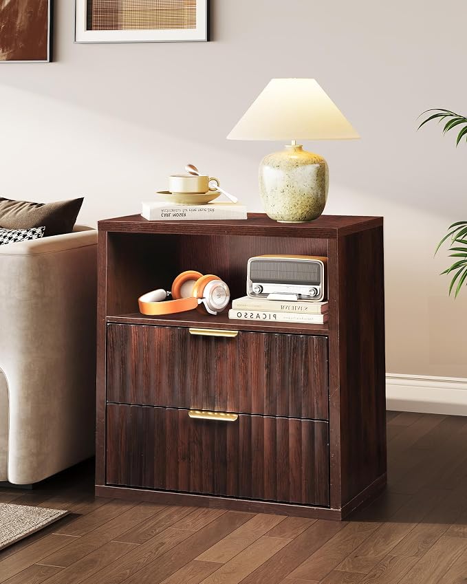 WLIVE Fluted Night Stand, Wood Nightstands with 2 Storage Drawers and Open Shelf, Mid Century Modern Bed Side Tables for Bedroom, Dorm, Espresso