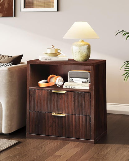 WLIVE Fluted Night Stand, Wood Nightstands with 2 Storage Drawers and Open Shelf, Mid Century Modern Bed Side Tables for Bedroom, Dorm, Espresso